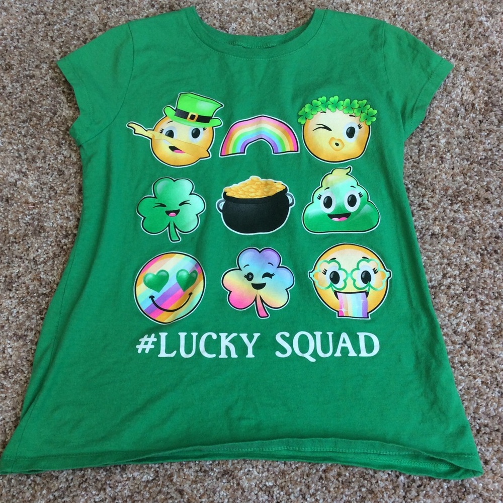 Girls green emoji saint Patrick day tee shirt used